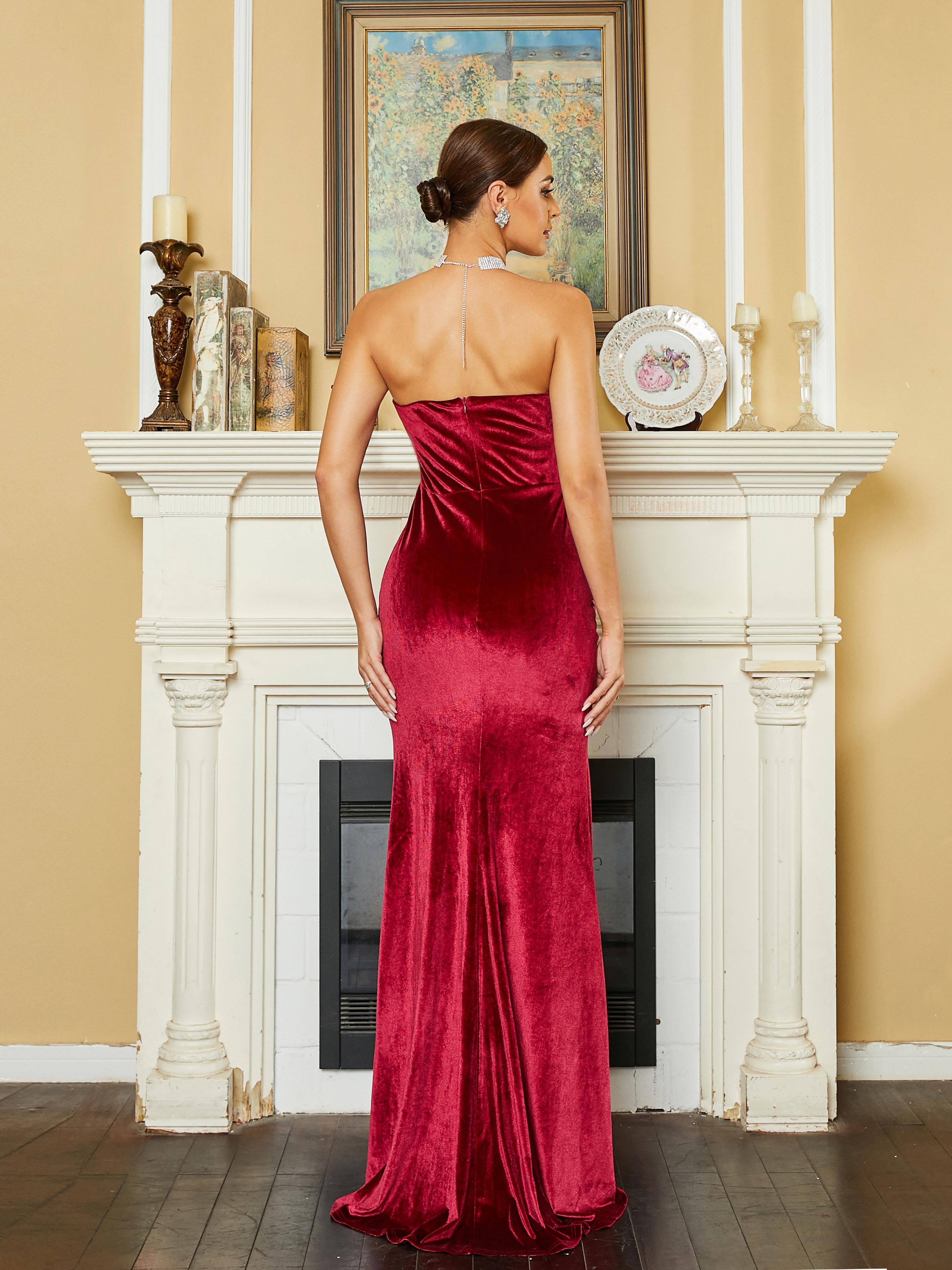 Tube Top High Split Asymmetric Velvet Wine Evening Dress RM20610