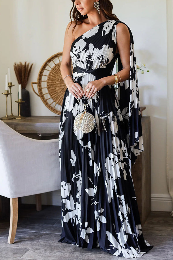 Slay The Evening Pleated Floral Pattern One Shoulder Drape Maxi Dress