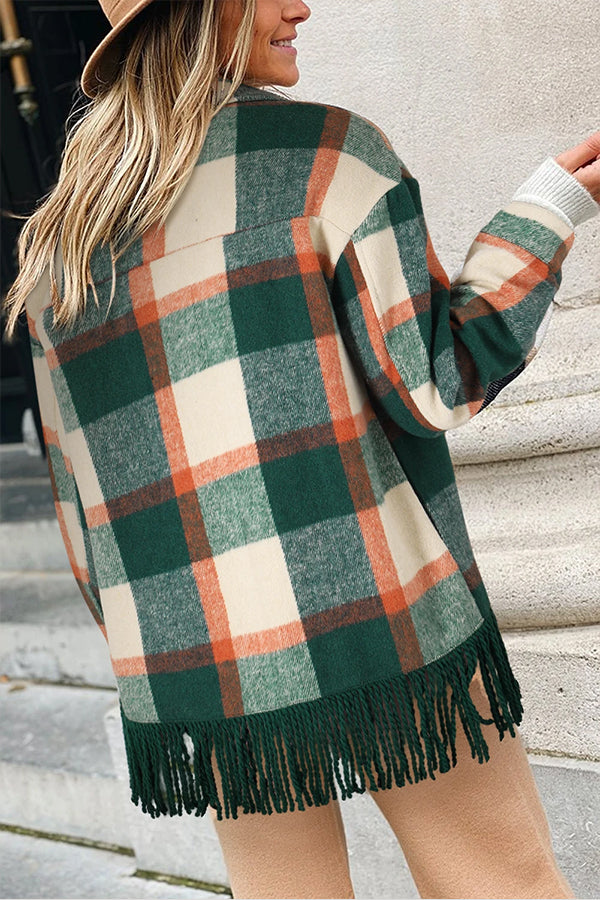 Plaid Snap Button Pocket Fringed Hem Shacket