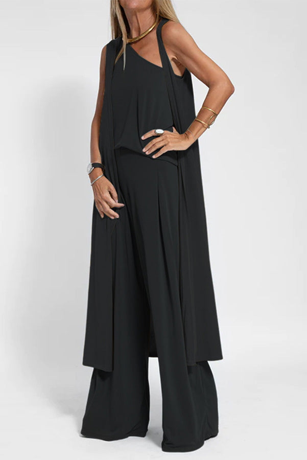 Modal One Shoulder Tank & Stretch Wide-leg Pants& Midi Vest Three Pieces Suit