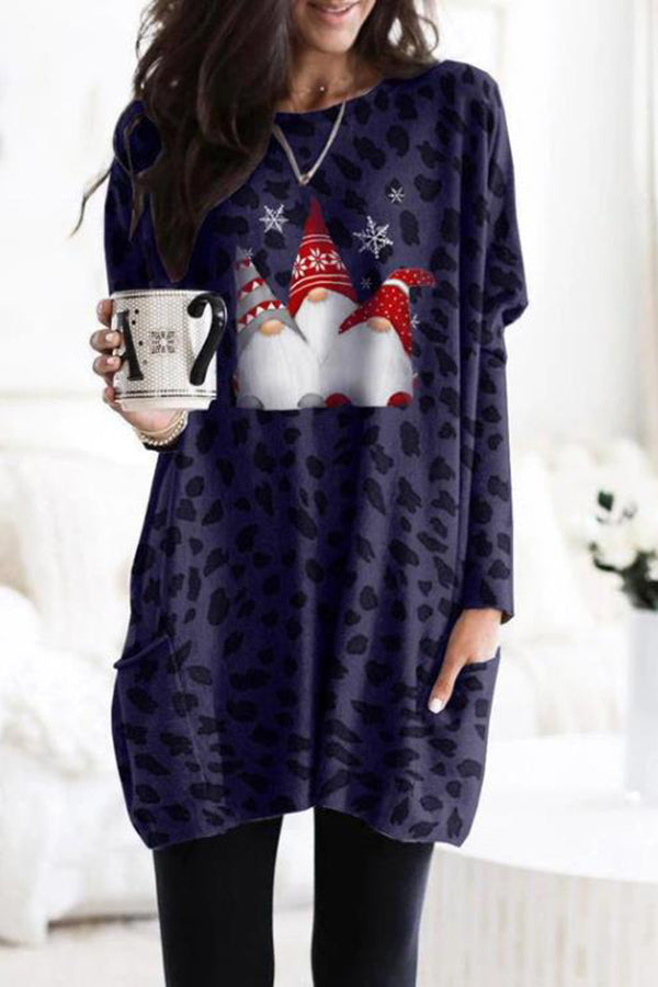 Long Sleeve Pocket Leopard Christmas Print Mini Dress