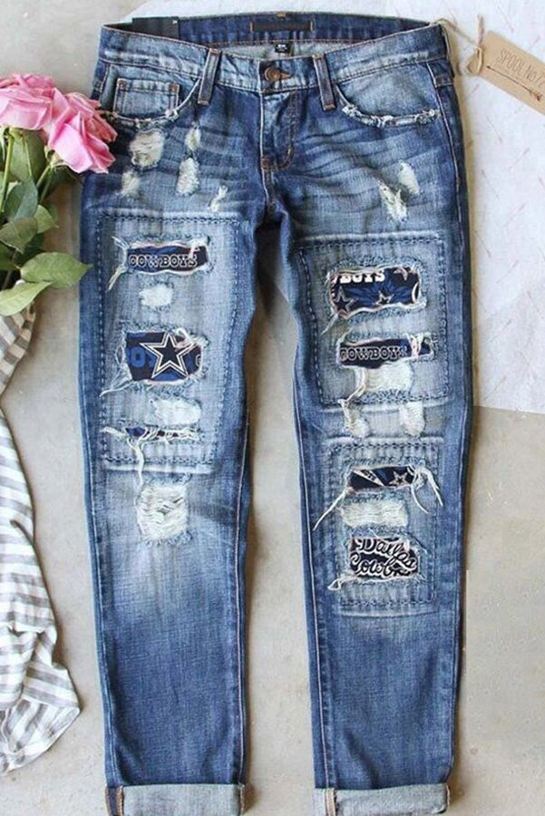 Distressed Printed Street Contrast Hip Hop Style Jeans