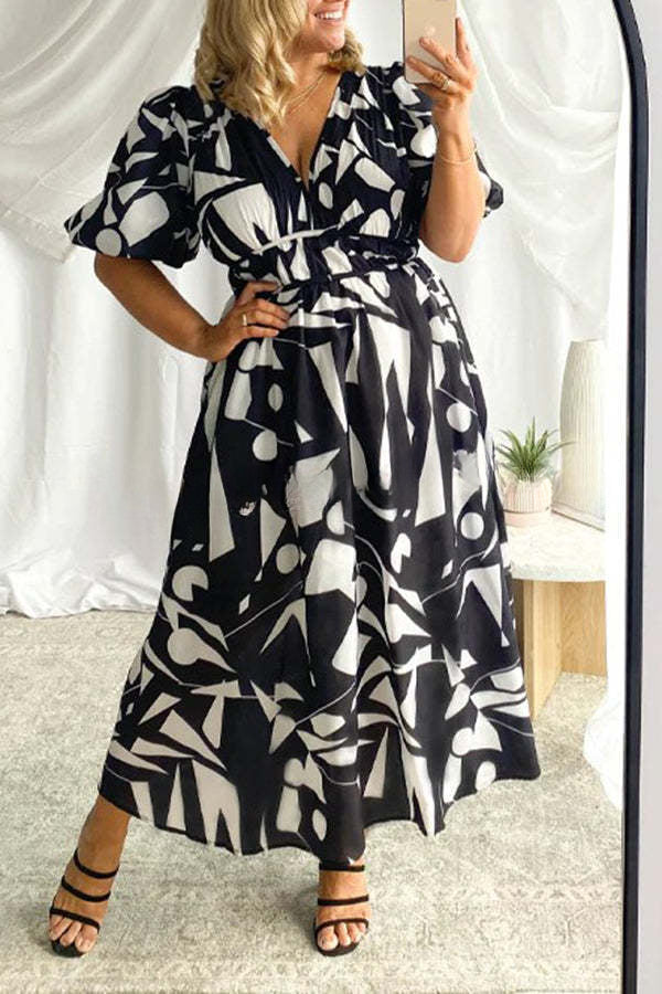 V Neck Multi Print Stretch Waist Hidden Zip Maxi Dress