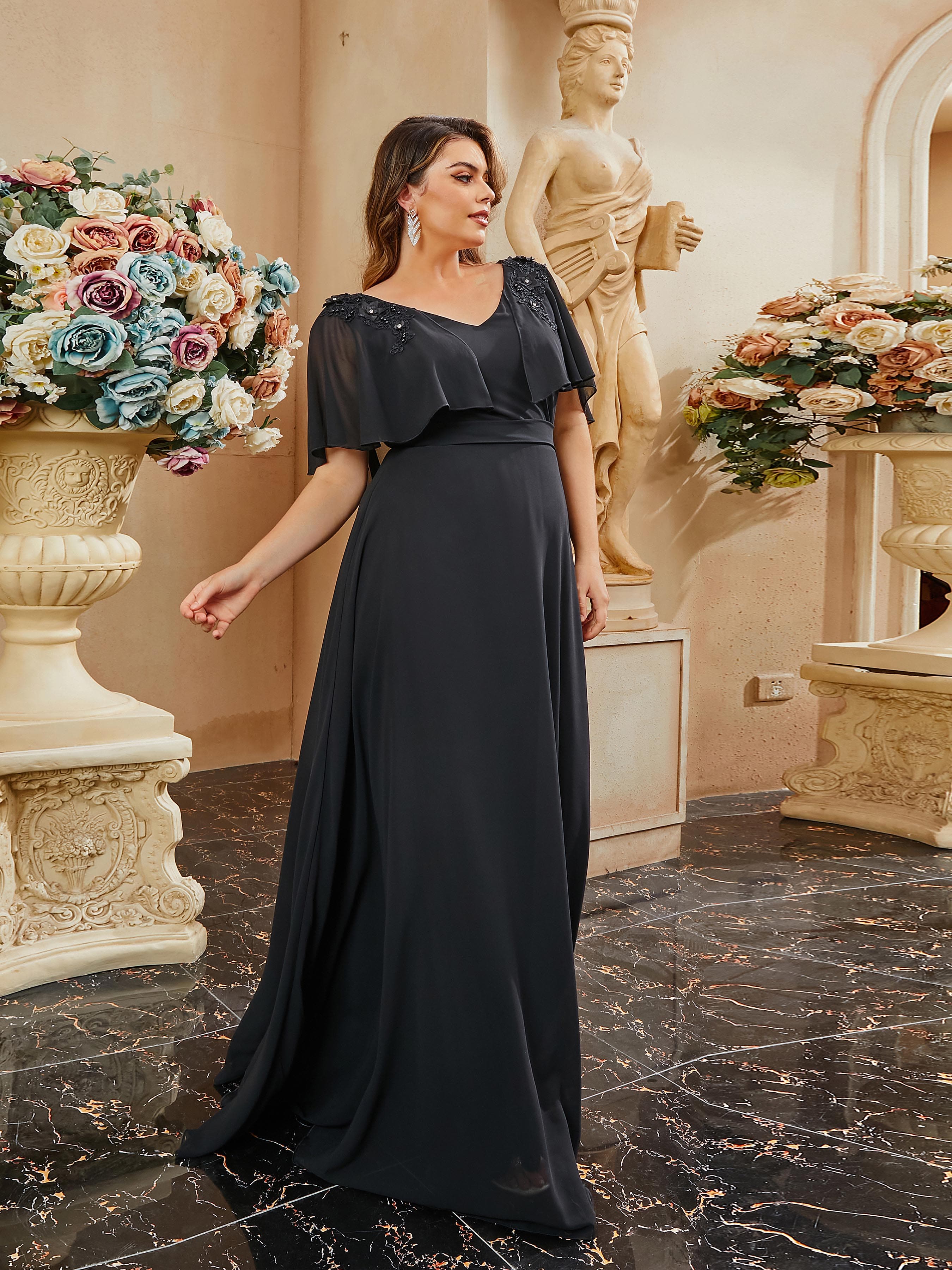 Plus Size V-Neck Chiffon Black Evening Dress PRH30709