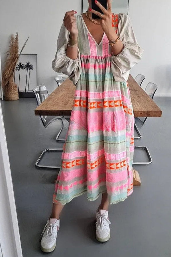 Whisked Away Geometric Color Block Printed A-line Midi Dress