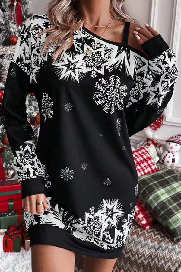 Christmas Snowflake Cold Shoulder Loose Sweatshirt Mini Dress