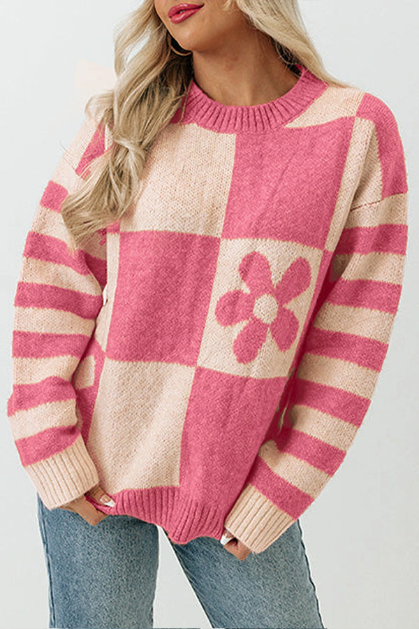 Checkered and Striped Knitted Pullover Sweater