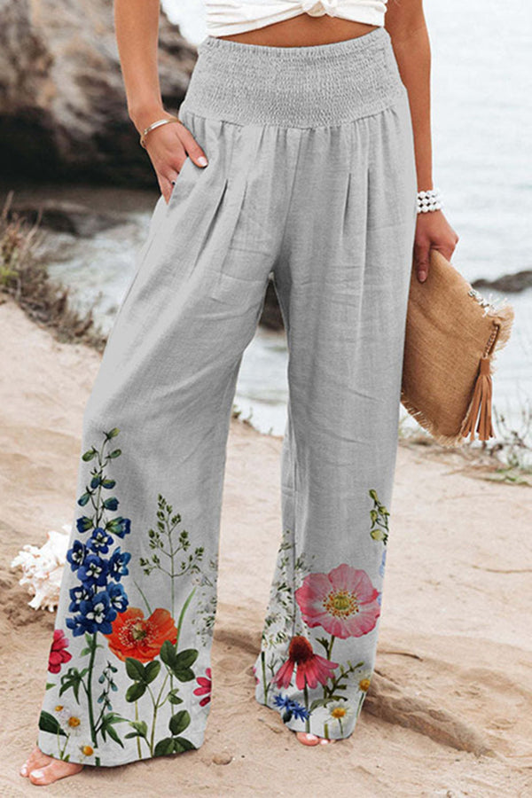 Finn Printed High Rise Smocked Waist Pocketed Wide Leg Pants