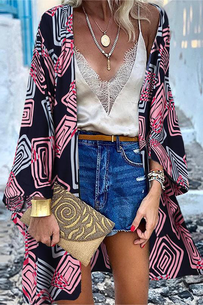 College Print Patchwork Cardigan Collar Outerwear