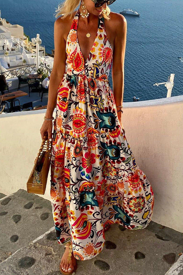 Let's Get Tropical Deep V Neck Halter Vacation Dress