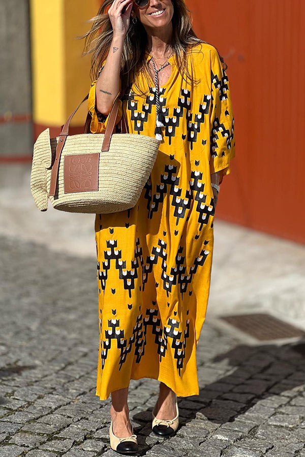 Yellow Loose V Neck Resort Dress