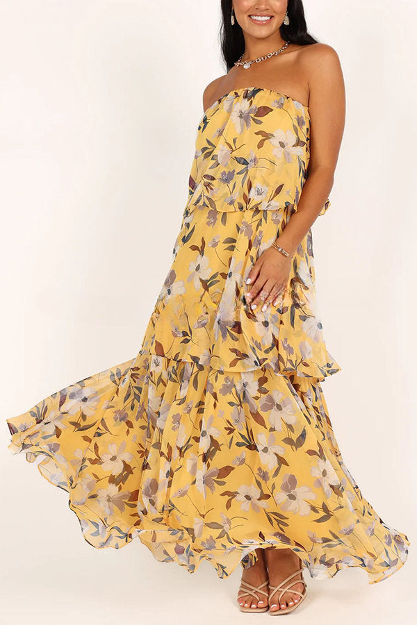 Sweet and Charming Printed Strapless Drop Tiered Ruffle Maxi Dress