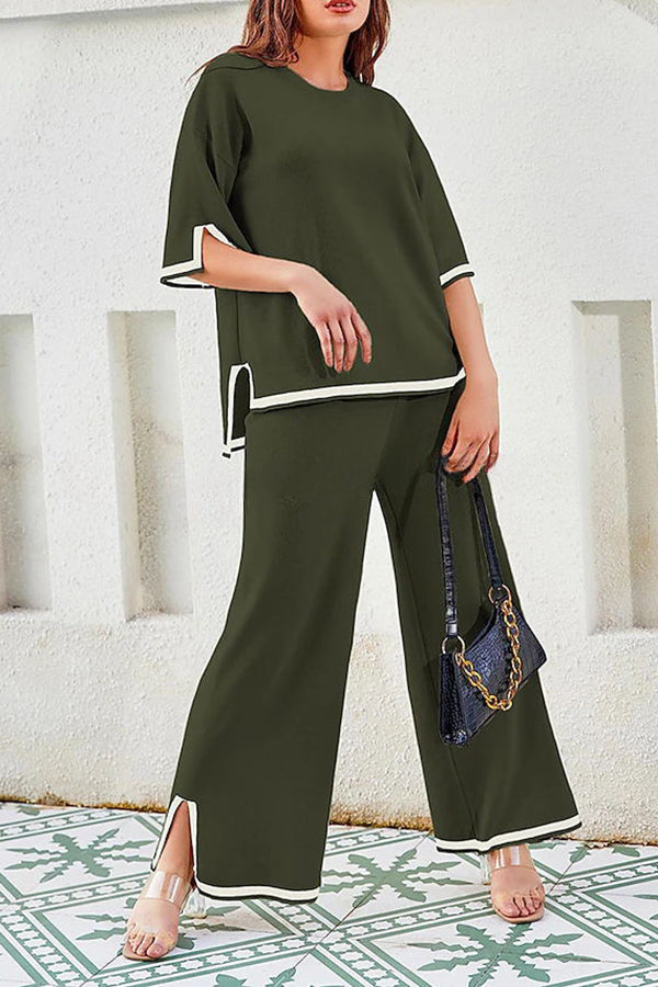 Lounge or Casual Wear Knit Patchwork Color Block Short Sleeve Top and Elastic Wide Leg Pants