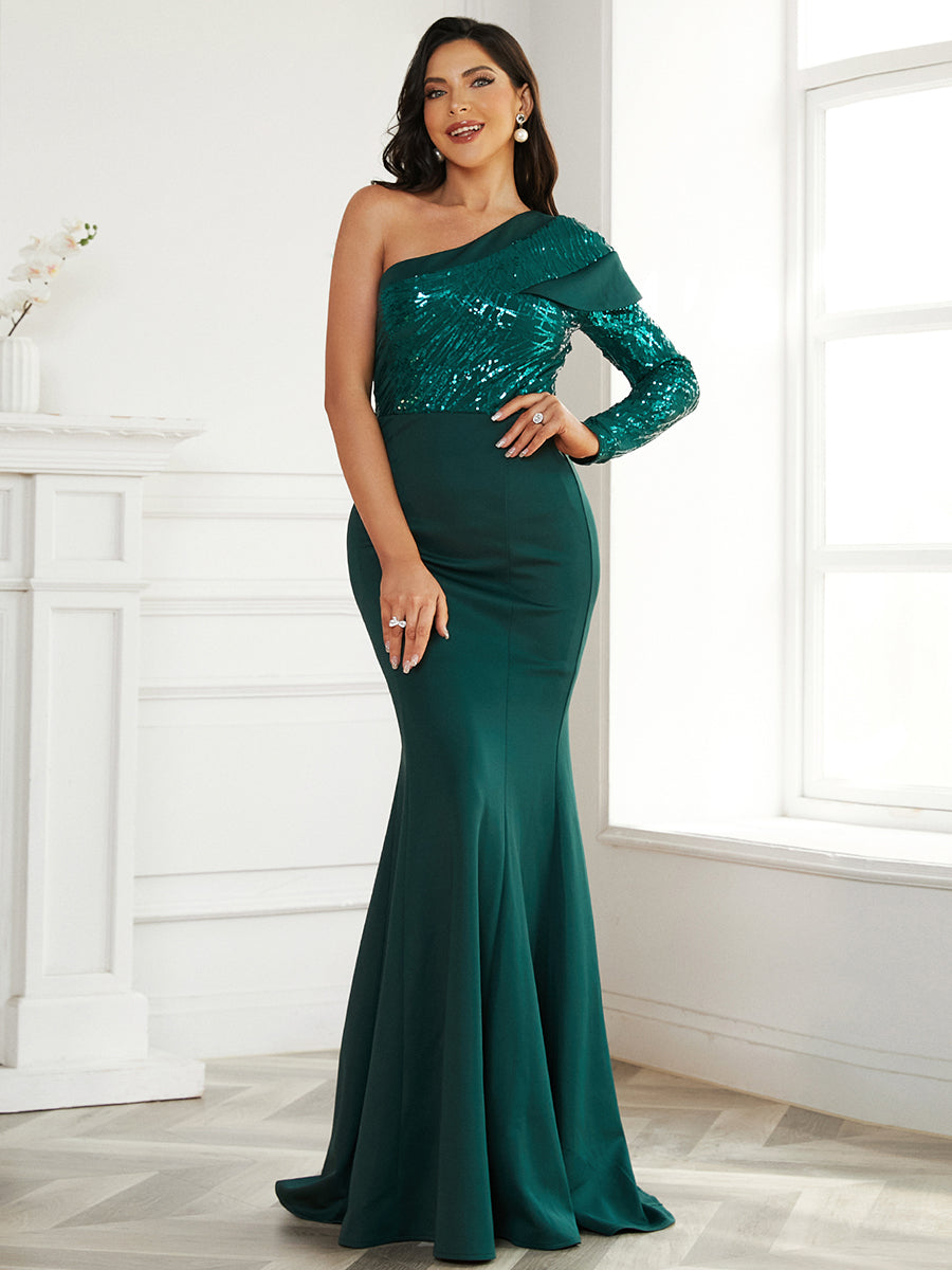 Formal One Shoulder Sequin Apricot Evening Dress XJ1548