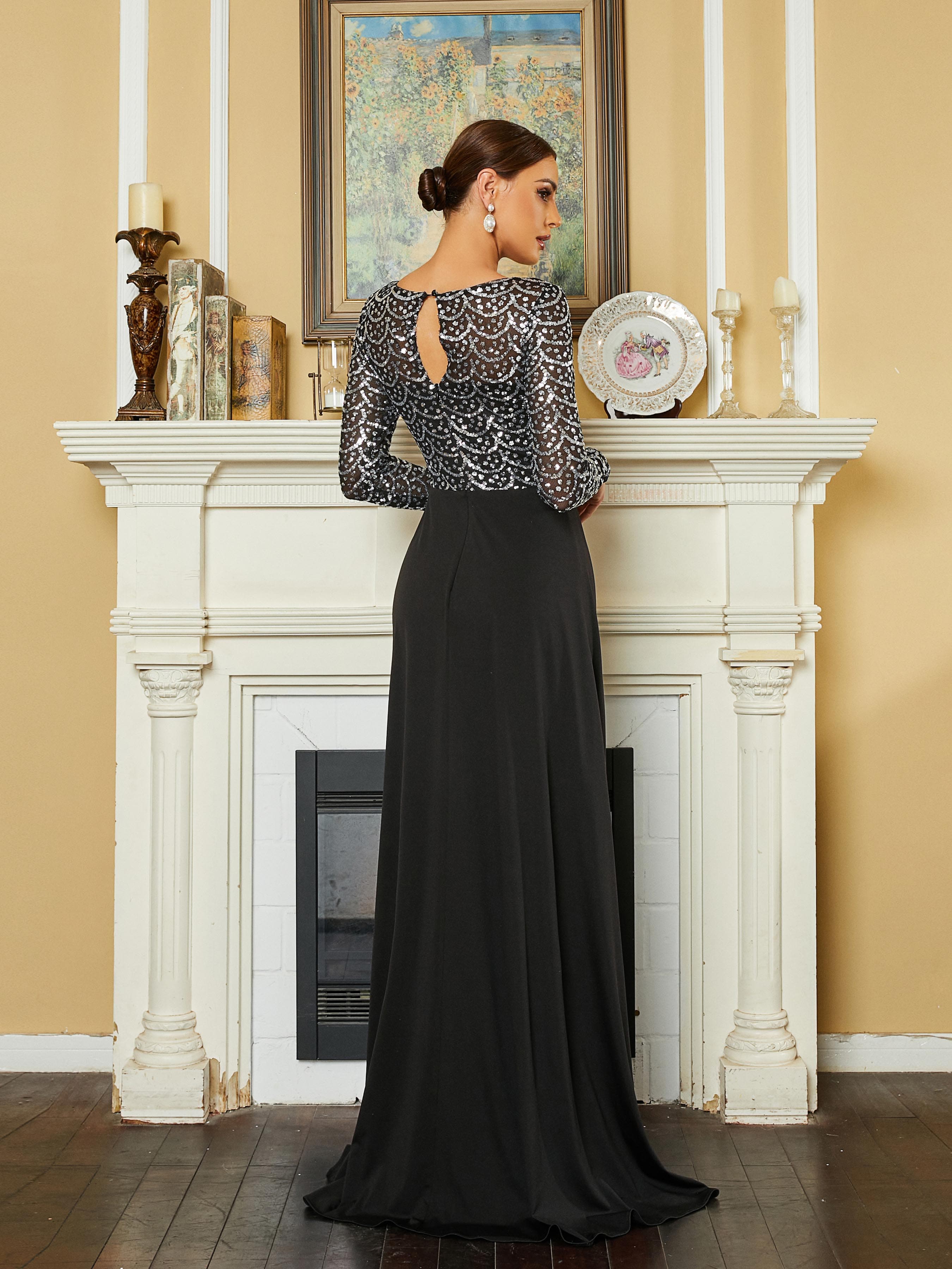 Crew Collar Panel Sequin Black Evening Dress RM20618