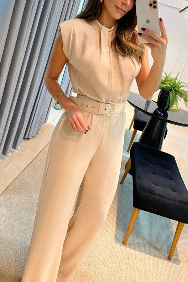 Feeling The Vibe Ruched Neckline Padded Shoulder Wide Leg Jumpsuit