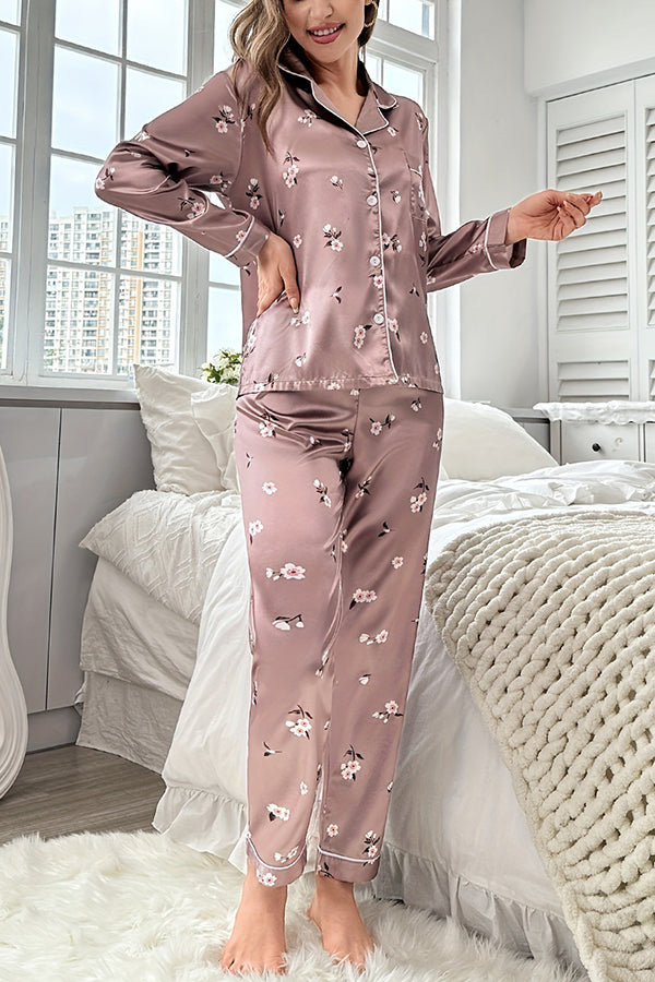 Eye Catching Printed Lapel Pocket Button Lounge Pant Suit