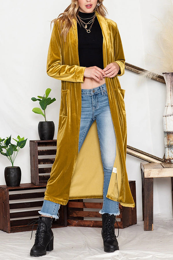 Yellow Velvet Elegant Open Front Pocket Long Cardigan