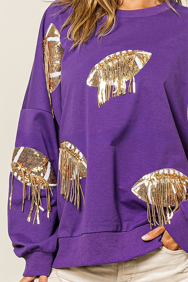 Rugby Sequined Patchwork Fringed Crew Neck Sweatshirt