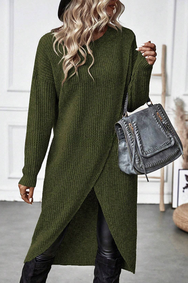 Essence Solid Wrap Hem Knitted Long Sleeve Midi Sweater