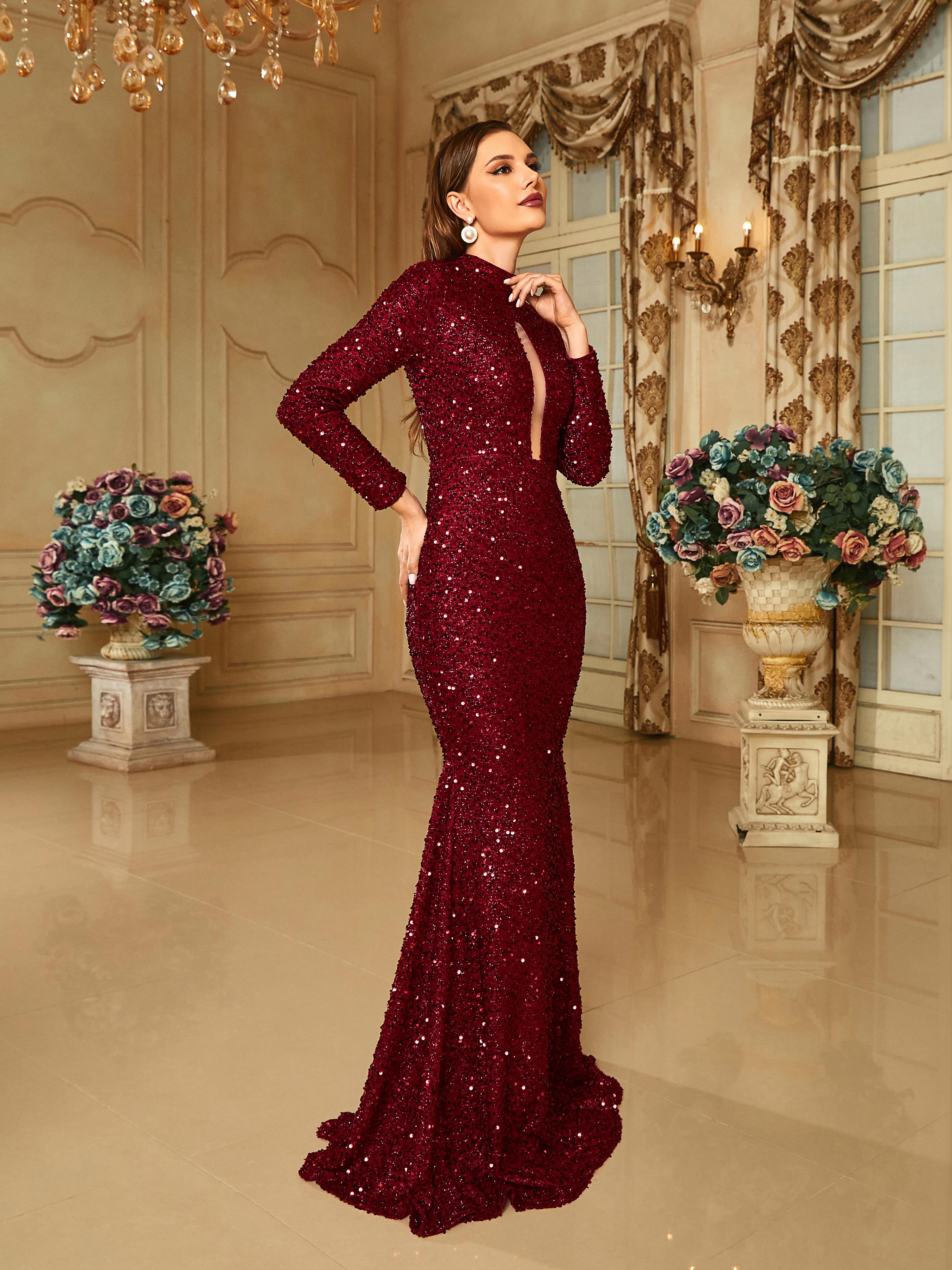 Crew Collar Cutout Sequin Mermaid Wine Prom Dress RM20650