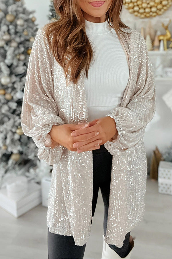 Apricot Sequin Bubble Sleeve Open Front Top