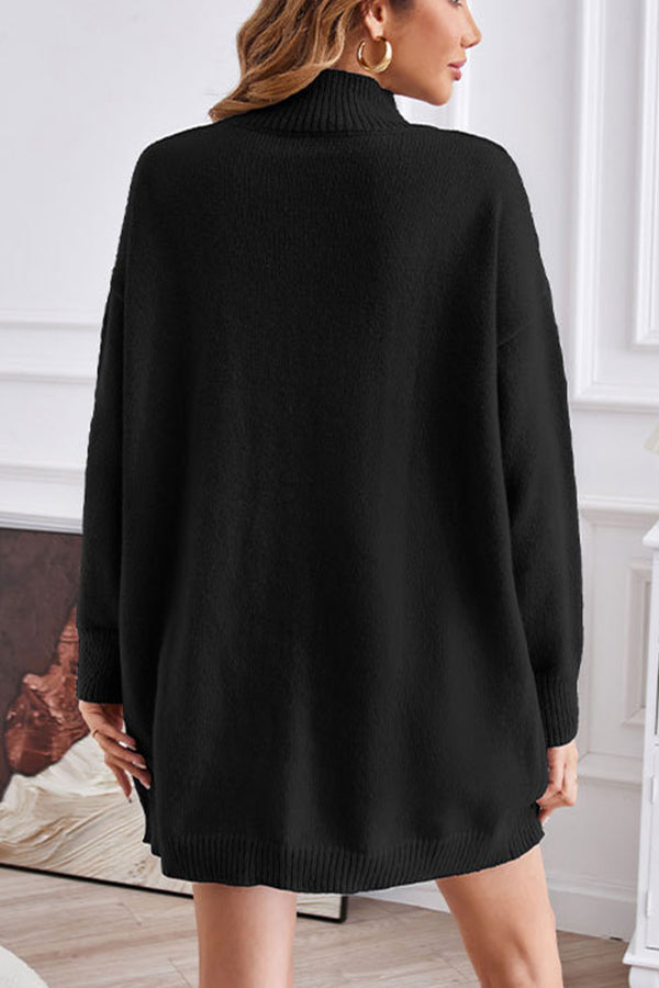 Solid color half turtleneck pullover sweater fashionable mid-length slit dress