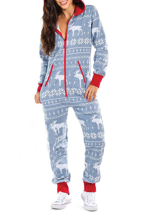 Christmas Print Zipper Pocketed Hooded Loungewear Jumpsuit