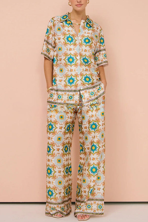 Weekend Adventures Unique Mosaic Print Button Up Shirt and Elastic Waist Pants Set