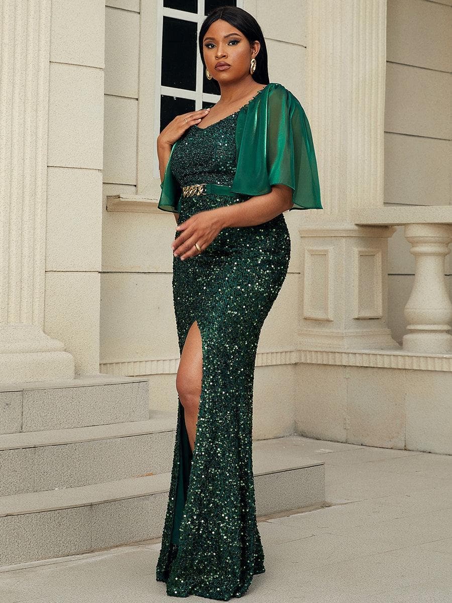 Plus Size Mesh Sleeve Sequin Emerald Green Mermaid Formal Dress PXL007