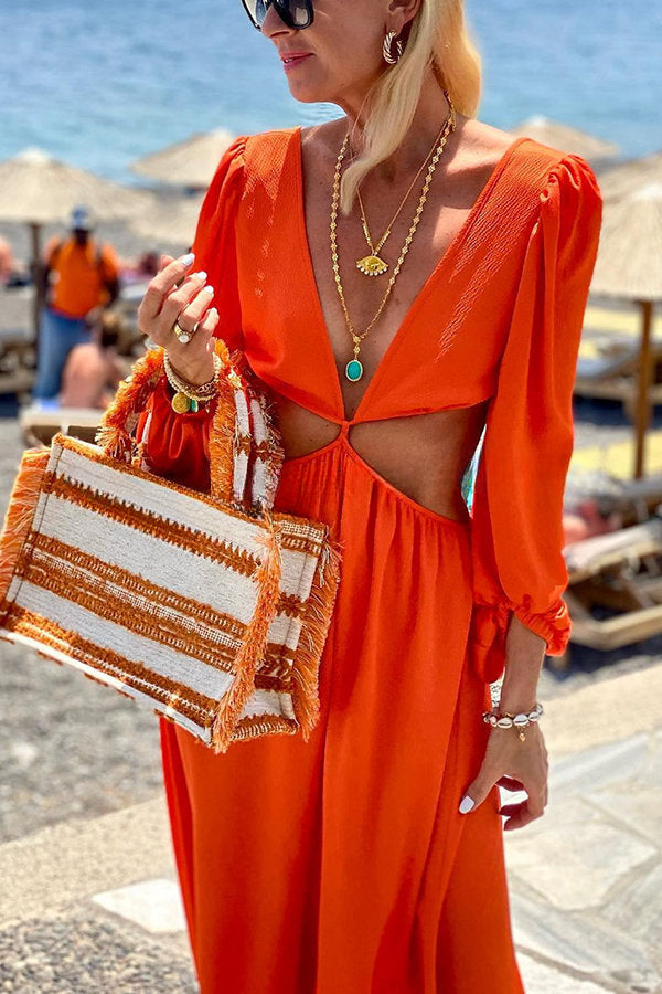 Orange Summer Cut Out Waist Balloon Sleeve Maxi Dress