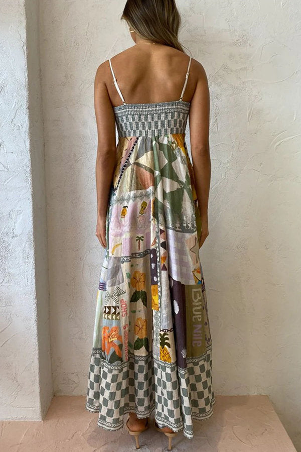 Wonderful Weekend Linen Blend Unique Print Smocked Back Pocketed Midi Dress