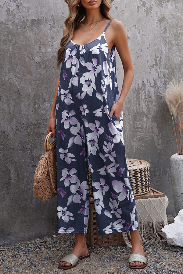 Debby Floral Print Pocketed Strap Relaxed Jumpsuit