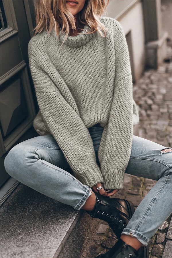 Light Grey Chunky Knit Turtle Neck Drop Shoulder Sweater