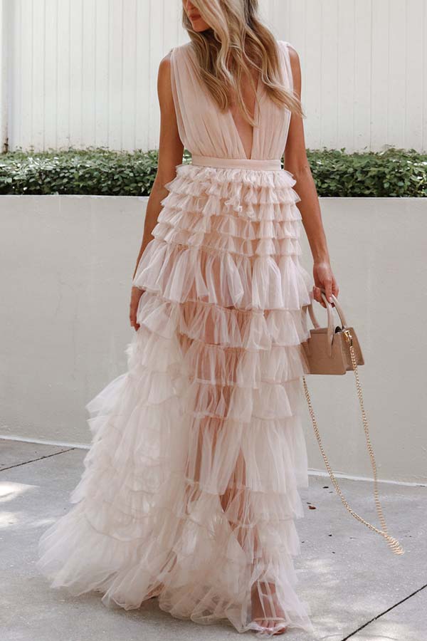 Dreamiest Statement Tiered Nude Tulle Maxi Dress