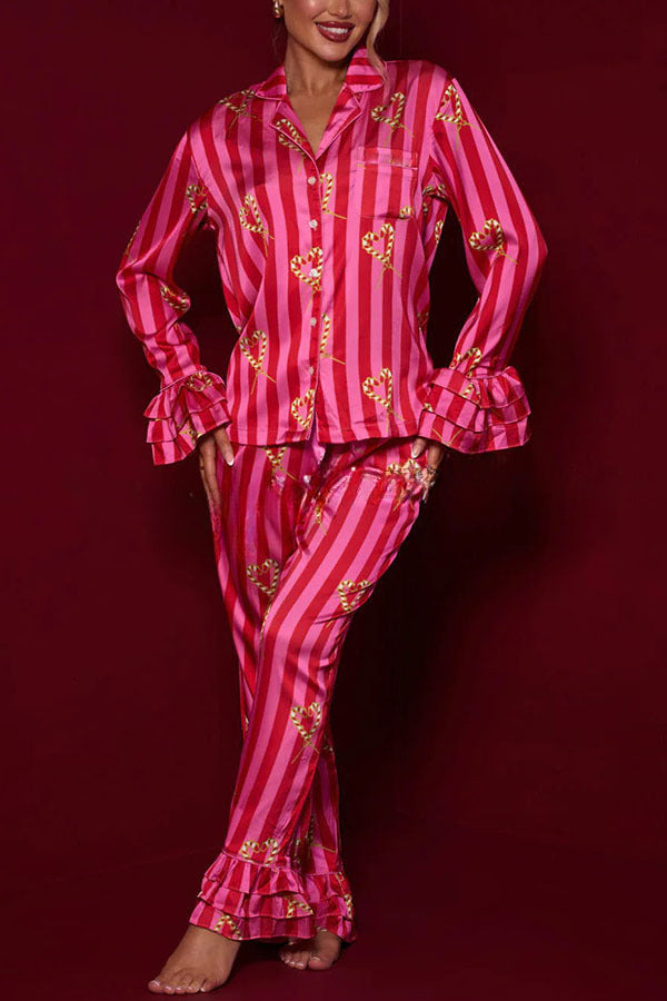 Festive Season Long Candy Stripe Tiered Bell Cuffs Elastic Waist Pocketed Pajama Set