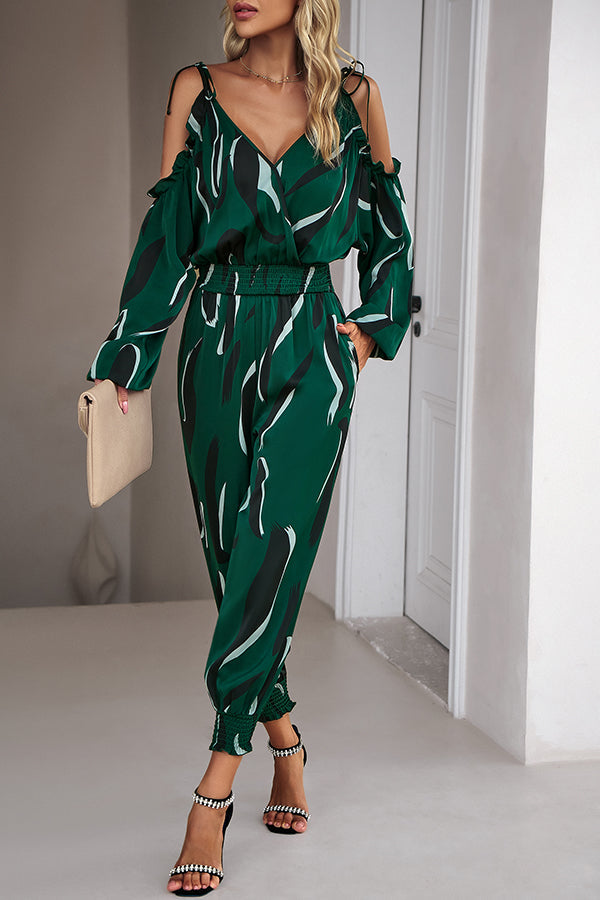 Graphic Print Stretch Waist Tie Long Sleeve Jumpsuit