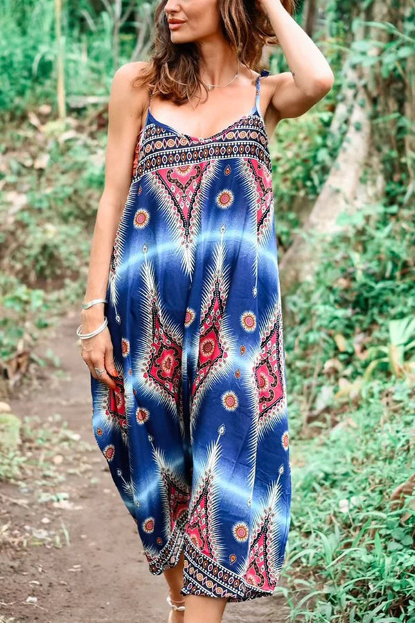 Free Spirit Boho Ethnic Print Loose Dungaree Jumpsuit