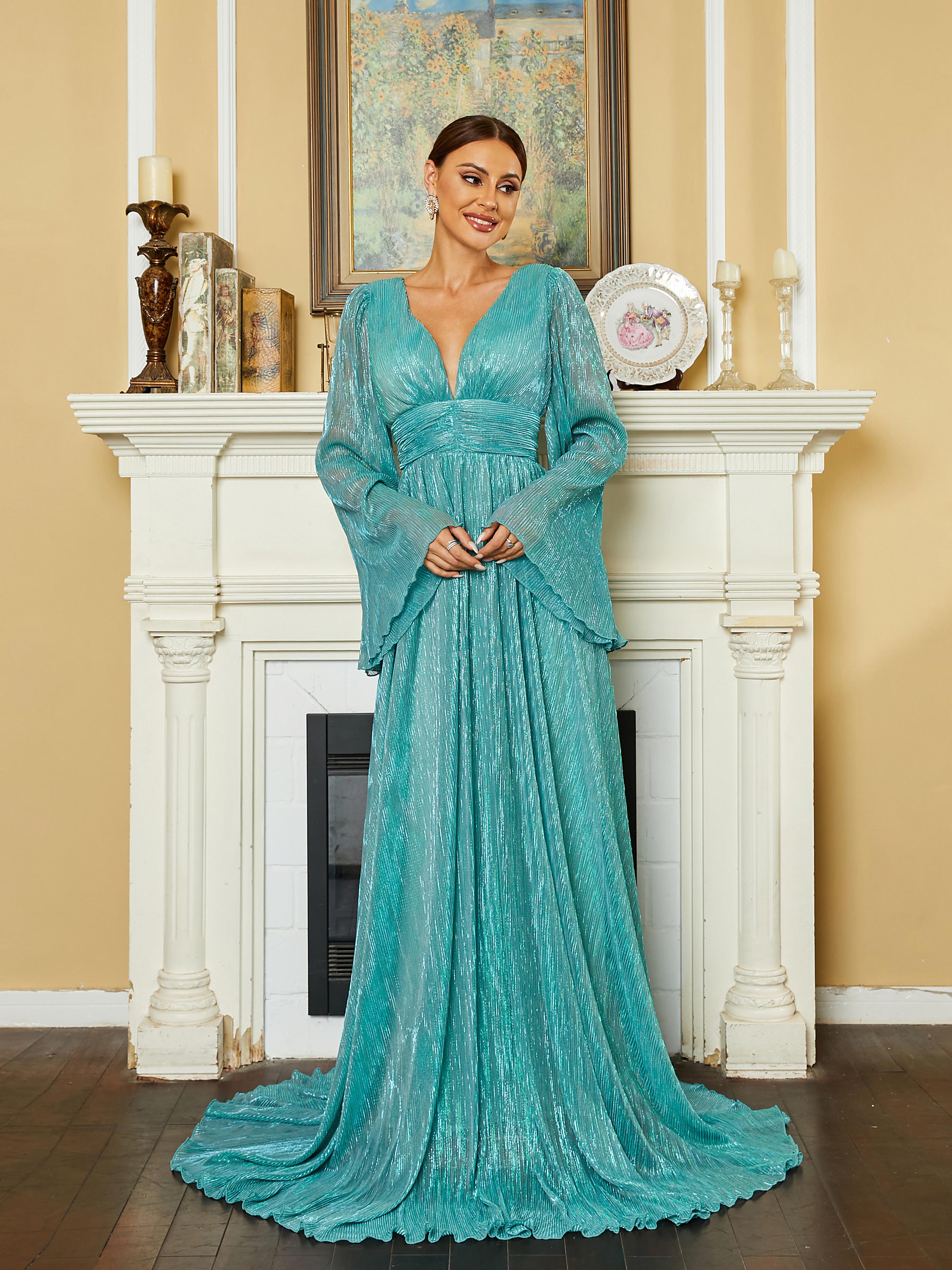 Bell Sleeve A-Line Mesh Green Ball Gown RM20578