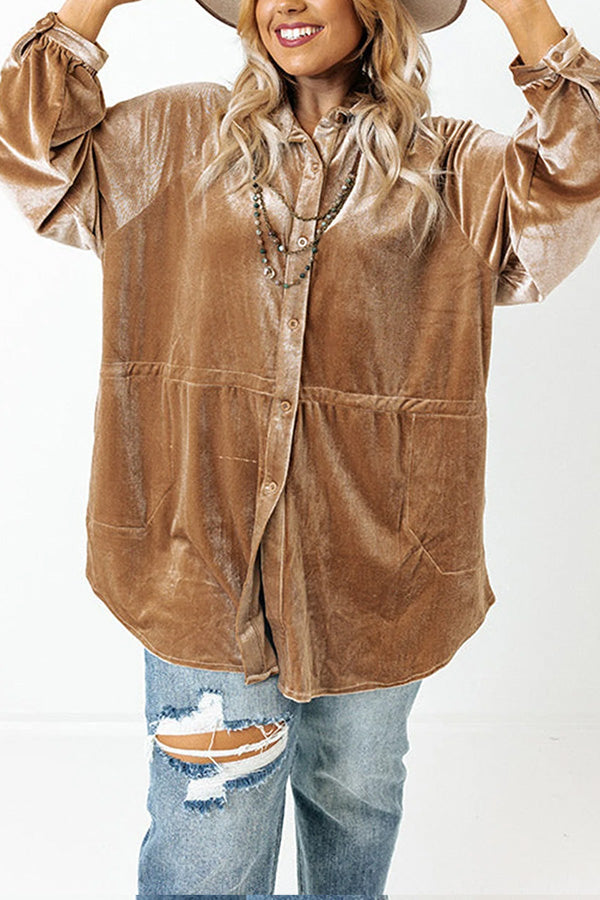 Khaki Casual Button Down Plus Size Velvet Shirt