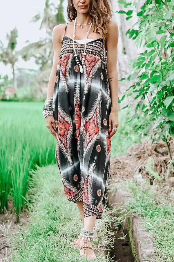 Free Spirit Boho Ethnic Print Loose Dungaree Jumpsuit