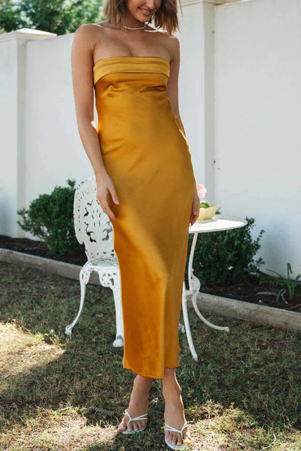 Beautiful Mind Strapless Cutout Satin Midi Dress