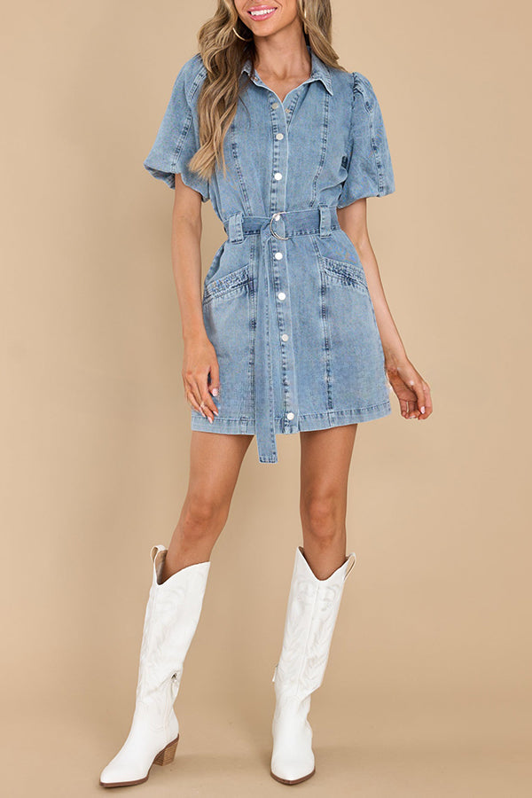 All about Love Light Wash Denim Pocketed Belt Mini Dress