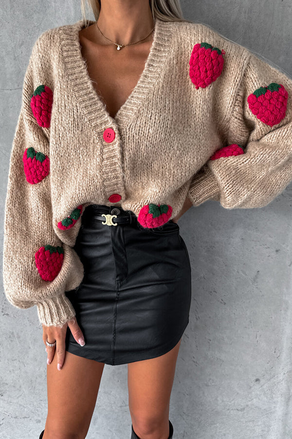 Sweet strawberry loose v-neck thick wool knitted top for women