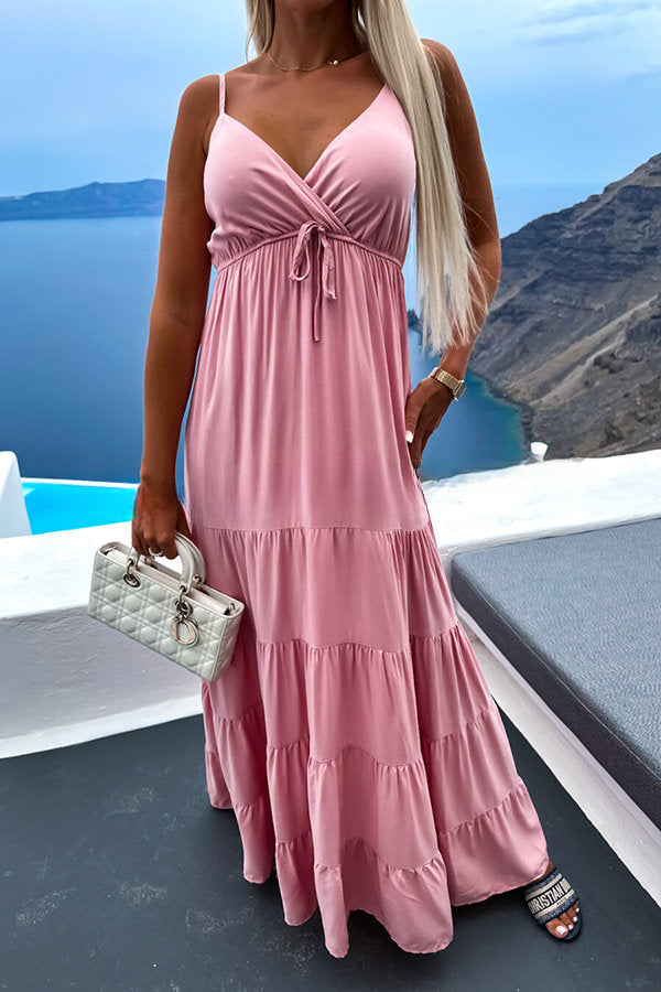 Boat Weekend Drawstring High Waist Tiered Swing Maxi Cami Dress