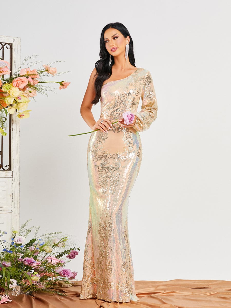 One Shoulder Long Sleeve Mermaid Evening Dress RM20343