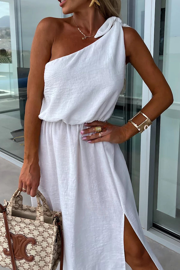 Bayside Beauty One Shoulder Slit Relaxed Midi Dress