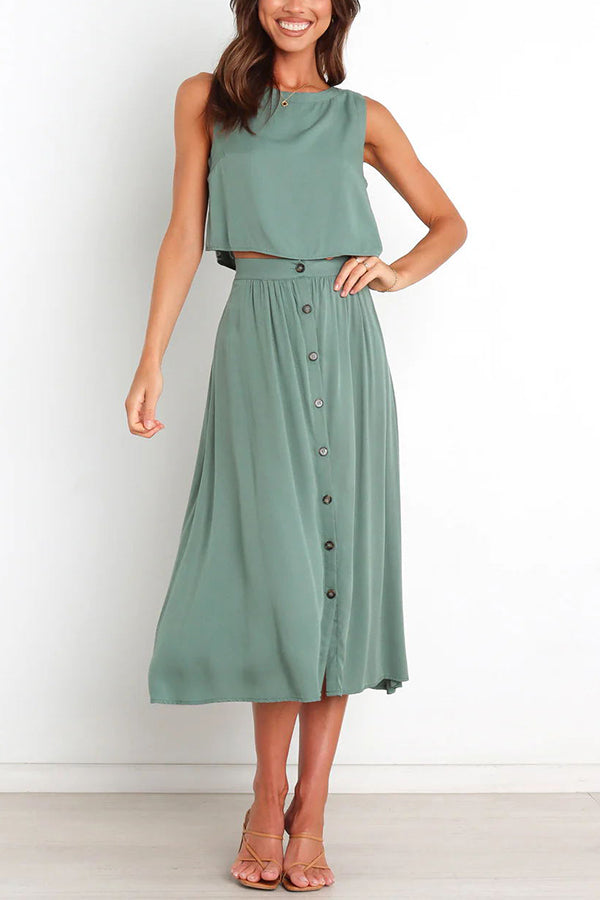 Lainey Crop Top and Pocketed Button Front Midi Skirt Set