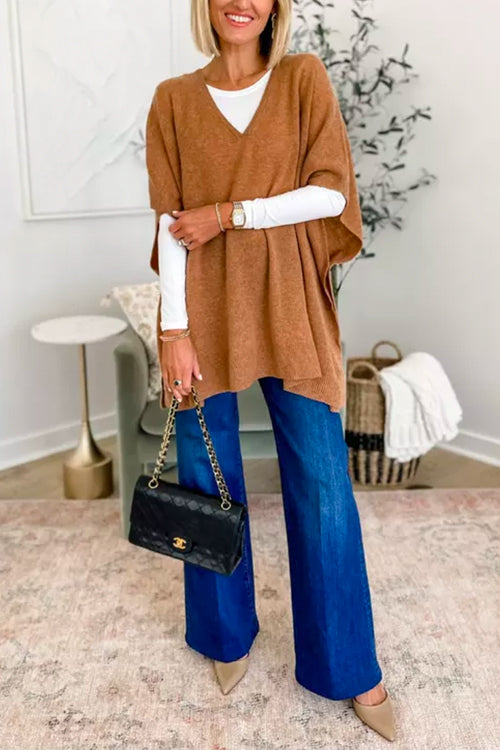 Chicest V Neck Loose Fit Solid Poncho Sweater