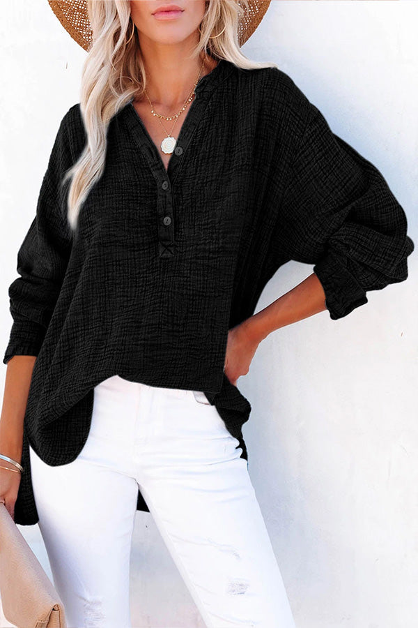 Loose Crinkle Button V Neck Henley Top